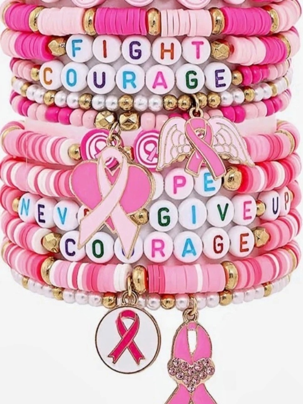 🆕 Breast cancer Pink & White Ribbon Bracelet Stack